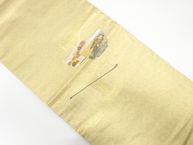 茶道具模様織り出し　開き名古屋帯（額縁仕立て）